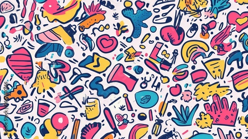 Vibrant Abstract Doodle Pattern with Colorful Shapes, Objects, and Lines on White Background for Creative Design Projects