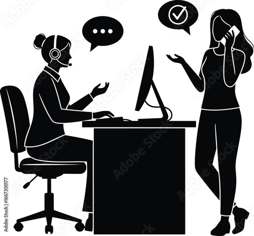Two women in a customer service environment, one on the phone, the other at a computer.