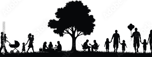 Silhouetted families enjoying a day in the park under a large tree, creating a scene of community and togetherness.