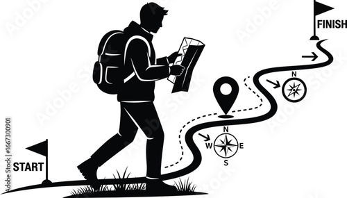Silhouette of a hiker with a backpack navigating a winding path from a start to a finish line using a map.