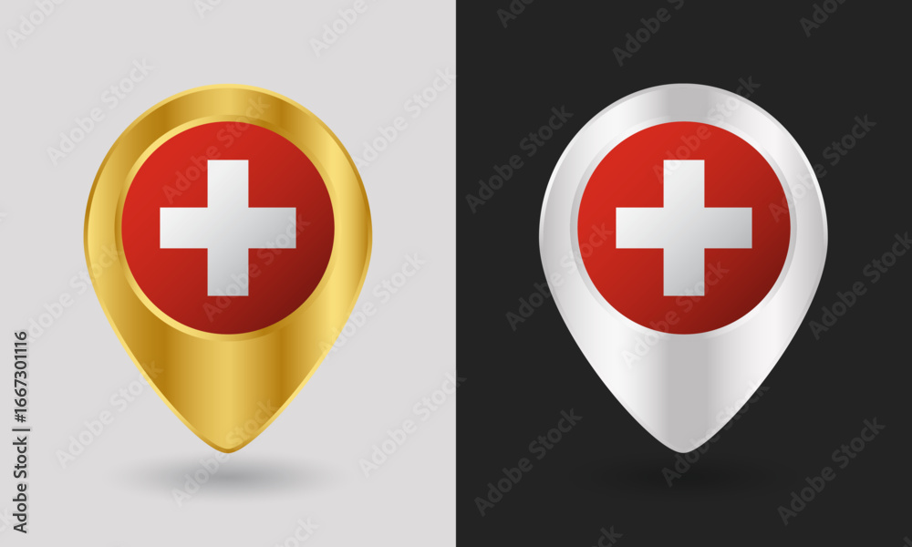 Fototapeta premium Gold and Silver Switzerland Flag Map Pin Icon