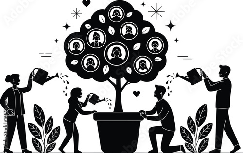 Black and white illustration of a diverse community nurturing a large family tree, symbolizing growth and togetherness.