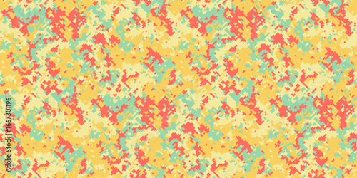 Abstract pixelated camouflage pattern in warm, summery hues of yellow, coral, and mint green.  Ideal for fashion, textile design, or vibrant digital backgrounds.