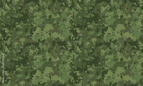 Seamless digital camouflage pattern in shades of green. Perfect for backgrounds, textures, or militarythemed designs.  This versatile image evokes themes of concealment, strategy, and nature.