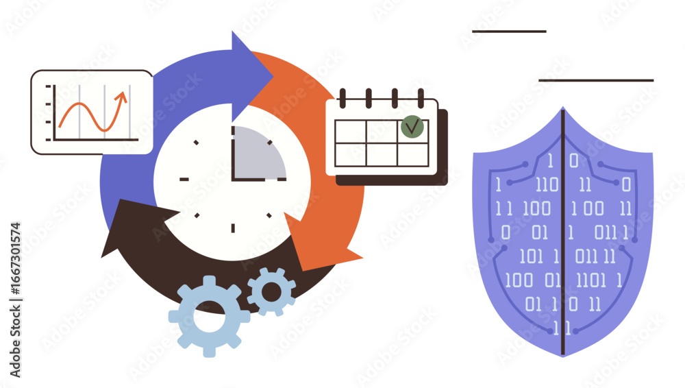 Naklejka premium Circular arrows, clock, gears, calendar, and graph represent workflow and time management concepts. Shield with binary code highlights data security. Ideal for productivity, cybersecurity