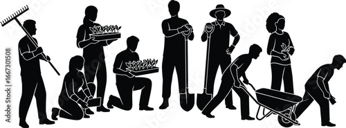 Silhouettes of diverse people engaged in gardening activities, holding tools and plants, and working with a wheelbarrow.