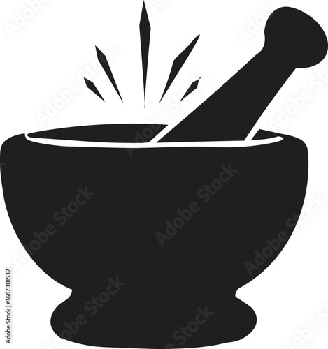 A black silhouette of a mortar and pestle, depicting the act of crushing or grinding ingredients.
