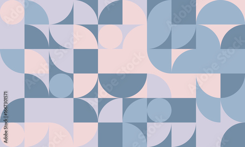 Abstract geometric pastel background. Seamless pattern of circles and squares in soft blue and pink hues.