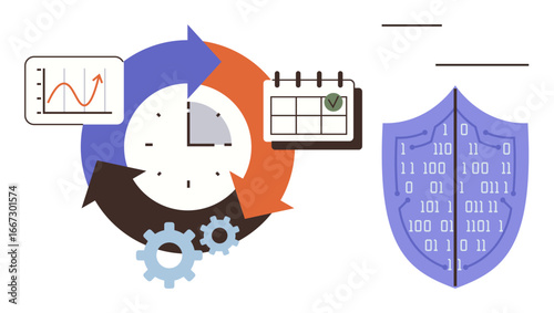Circular arrows, clock, gears, calendar, and graph represent workflow and time management concepts. Shield with binary code highlights data security. Ideal for productivity, cybersecurity