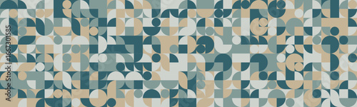 Abstract geometric pattern featuring teal, beige, and white circles and squares.  A modern, midcentury modern inspired design perfect for backgrounds, textiles, website banners, and more.