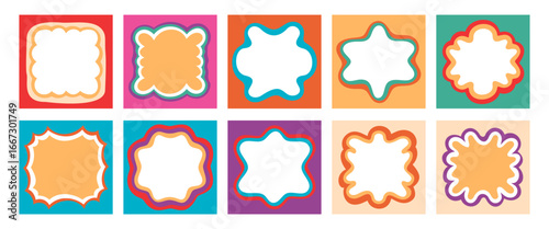 Groovy rectangle bubble frames in retro outline style create a playful border set. Wavy shape and y2k burst border form bold abstract background with trendy outline and fun visual impact.