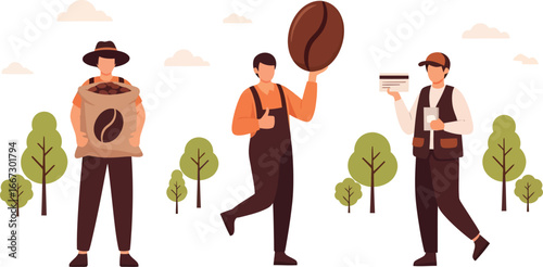 Vector art of people involved in coffee production and serving