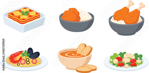 Assorted food dishes including lasagna, fried chicken, soup, and seafood pasta.