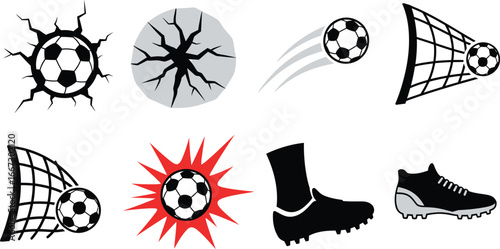 Collection of soccer-themed illustrations, featuring balls, nets, and footwear, representing the sport.