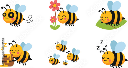Cute honey bee cartoon character set, 6 flat vector bee illustrations with flowers and honey pot, friendly bumblebee mascot collection for kids