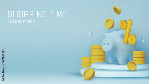 Finance and shopping concept illustration with gold piggy bank, coins, basket, and percentage sign for savings and discounts