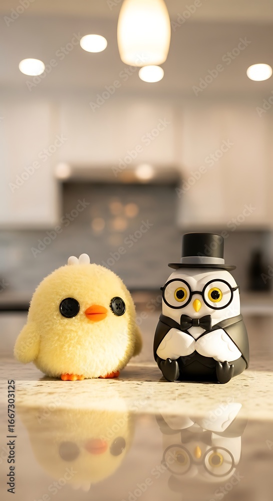 Obraz premium Cute fluffy chick and an owl figurine in a tuxedo on a reflective surface