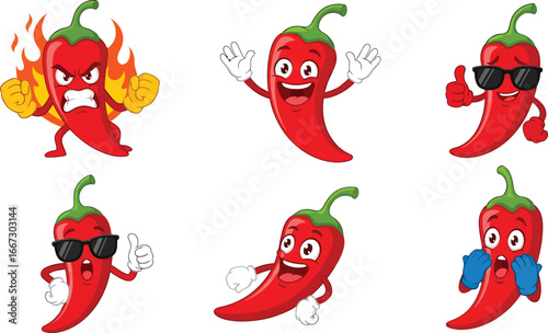 Cartoon chili peppers with various expressions, showcasing different emotions and poses.