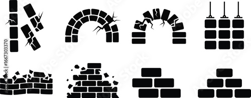 Various states of brick walls: intact, cracked, broken, and collapsed.