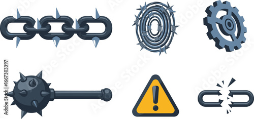 Set of six industrial and danger icons: spiked chain, barbed wire, cogwheel, mace, warning sign, and broken link.