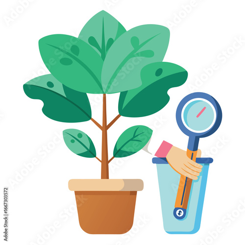 Illustration of a potted plant being monitored with a gardening tool