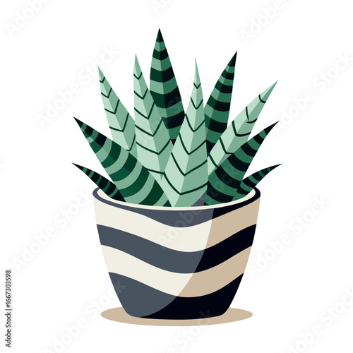 A striped succulent plant in a decorative pot