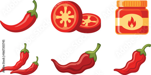 Various illustrations of red chili peppers and a jar of chili sauce.