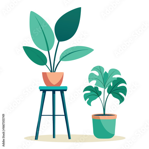 Two potted houseplants, one on a stool, showcasing lush green leaves in a simple, modern illustration style