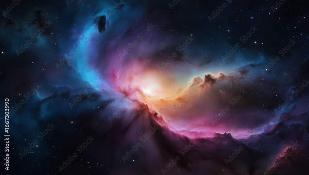Fototapeta premium Colorful Space Nebula Background – Vibrant Galactic Starfield with Blue, Pink, and Orange Glow