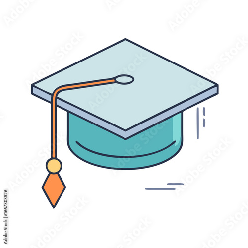 A light blue and teal graduation cap with orange tassel illustration