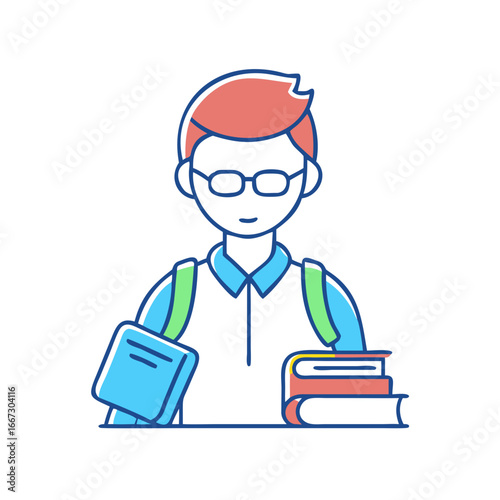 Stylized Student with Books and Backpack Ready to Learn, Colorful Design