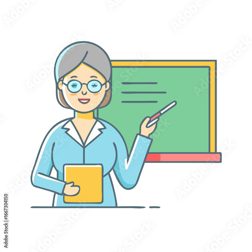 Cartoon illustration of a teacher giving a lesson near a chalkboard