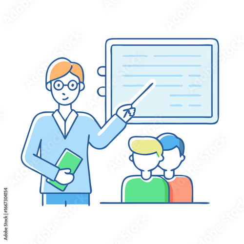 Educational illustration showcasing a teacher instructing students in a class setting