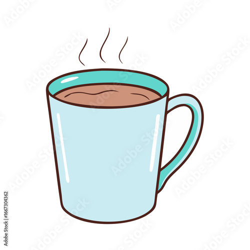 A steaming mug of warm beverage with a light blue colored mug