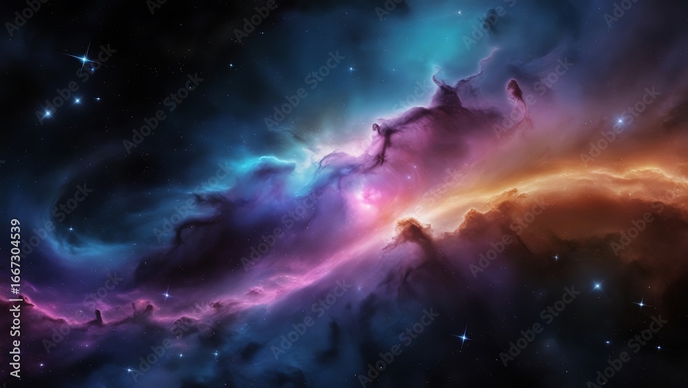 Fototapeta premium Colorful Space Nebula Background – Vibrant Galactic Starfield with Blue, Pink, and Orange Glow