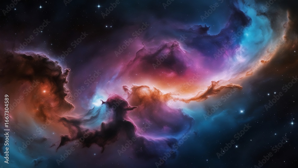 Fototapeta premium Colorful Space Nebula Background – Vibrant Galactic Starfield with Blue, Pink, and Orange Glow