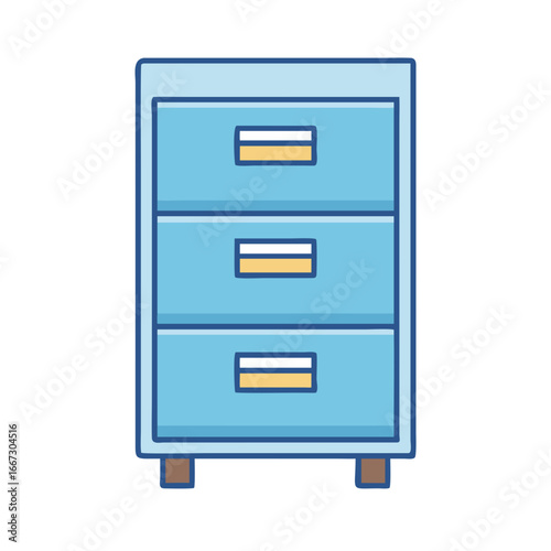 Cartoon illustration of a light blue three drawer dresser or file cabinet