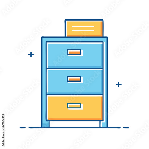 Colorful cartoon drawing of a blue and yellow filing cabinet unit