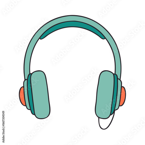 Illustration of teal headphones with a microphone and orange ear pads design