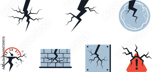 Set of vector illustrations depicting cracks on various surfaces and objects, symbolizing damage and failure.