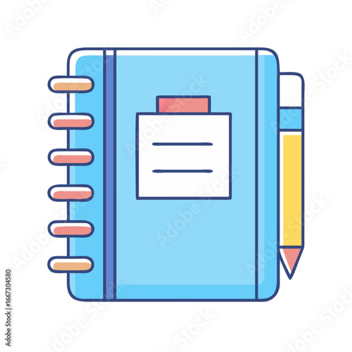 Cartoon style notebook with notepad and pencil for journaling or note taking