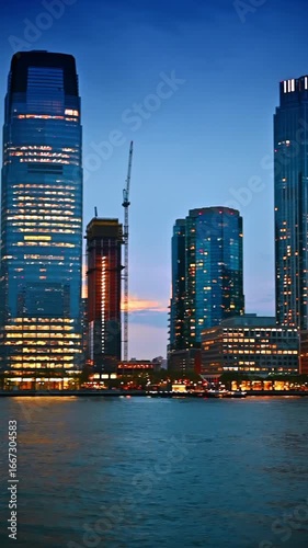 City skyline at sunset by the river. Bright city lights reflect in the water as the sun sets behind tall skyscrapers in New York.