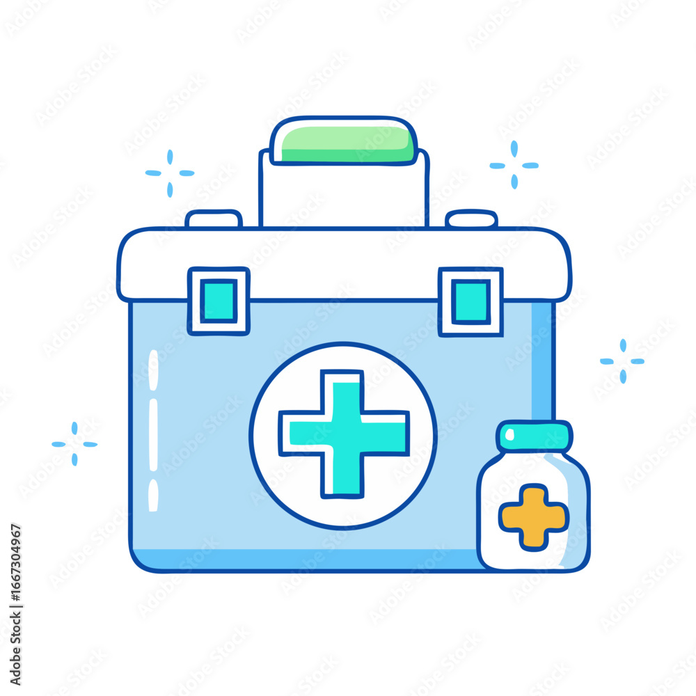 Obraz premium Delightful First Aid Kit Box and Medicine Bottle Icon Illustration