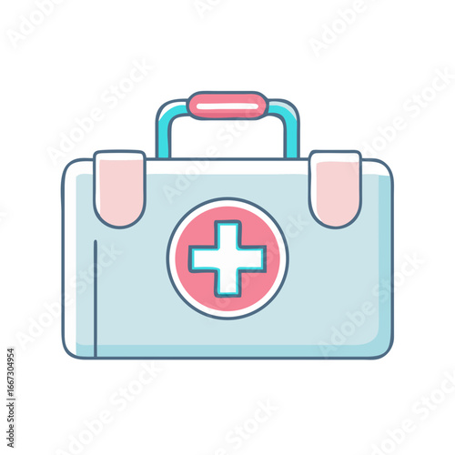 Cute light blue first aid kit with a big pink cross symbol
