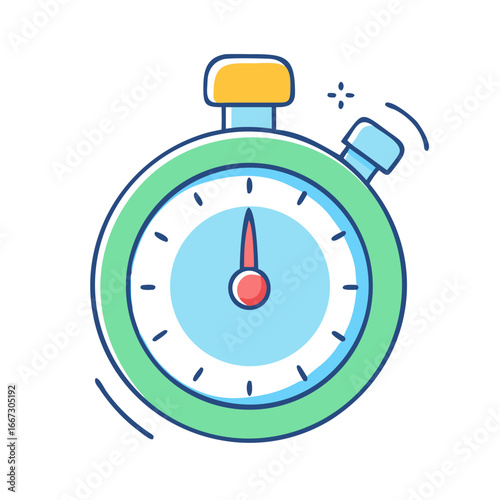 Cartoon style stopwatch with green and blue coloring on a white backdrop