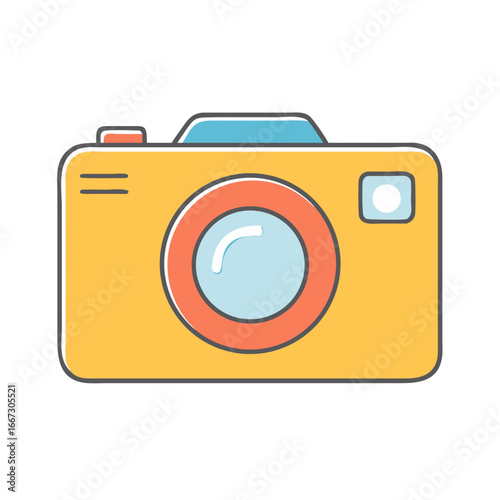 Cute and simplistic yellow toy camera with a blue and orange lens