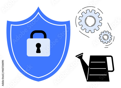 Blue shield with padlock for security, gears for optimization, watering can for growth. Ideal for technology, protection, innovation, reliability, process management, growth simple flat metaphor