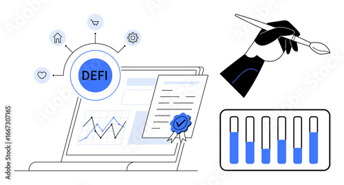 Decentralized finance network with laptop displaying graphs, certified document, icons, creative hand with brush, and bars. Ideal for fintech, blockchain, investment, analysis innovation