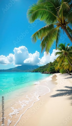 Sun-drenched Hawaiian beach scene with turquoise water lapping gently on the white sand, palm trees swaying in the breeze, offering a tranquil paradise escape , shoreline, sunlight