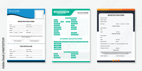 Set of professional registration and admission form templates for school, college, business, and office use in editable layout design